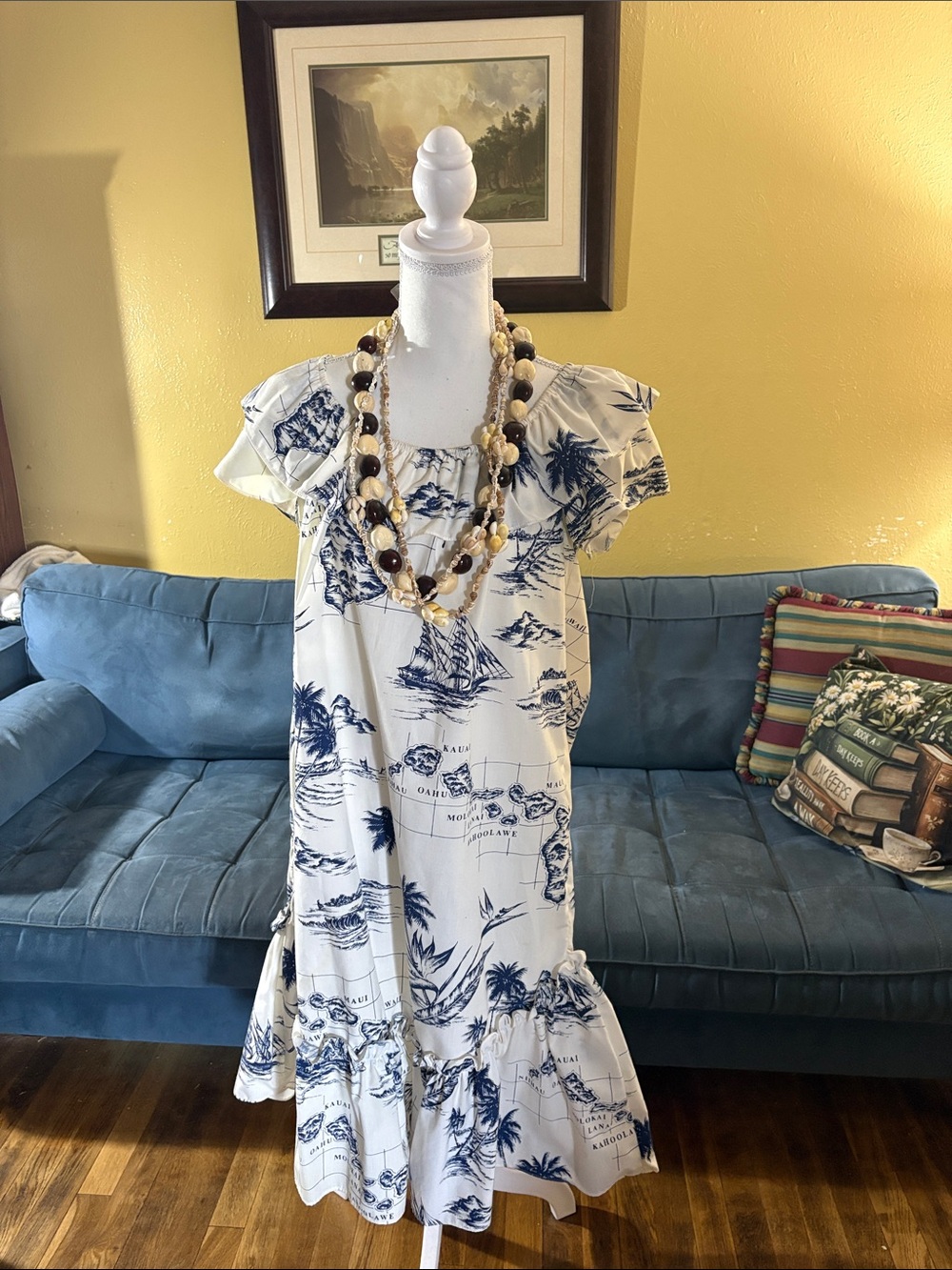Blue and White Tropical Print Maxi Dress